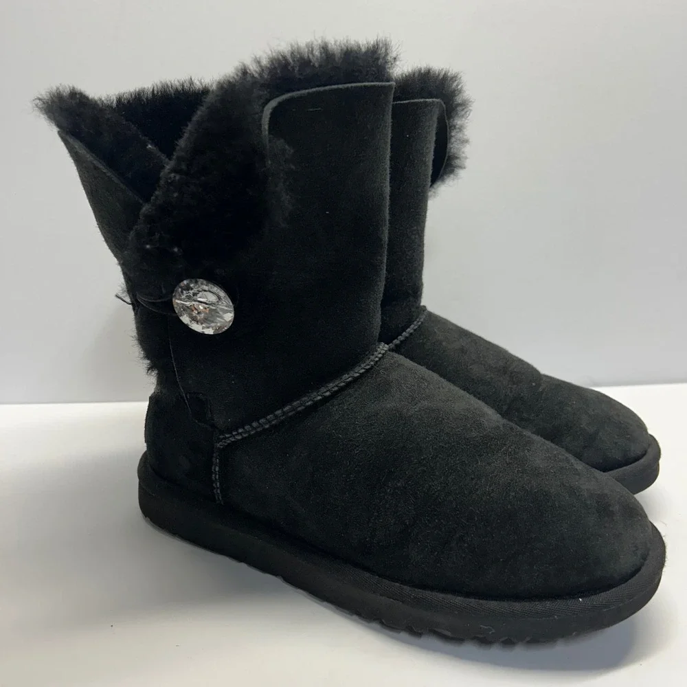 UGG Bailey Button Bling Black Women 6 Swarovski Crystal Suede Shearling Boots